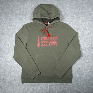 Marmot Pullover Hoodie Men's Size Medium Army Green Marmot Mountain Drawstring